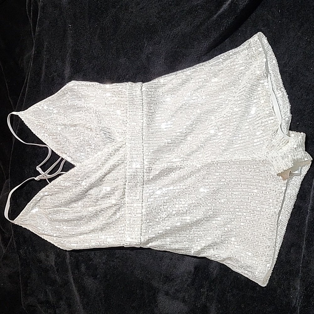 White Sequin Romper Spaghetti Strap